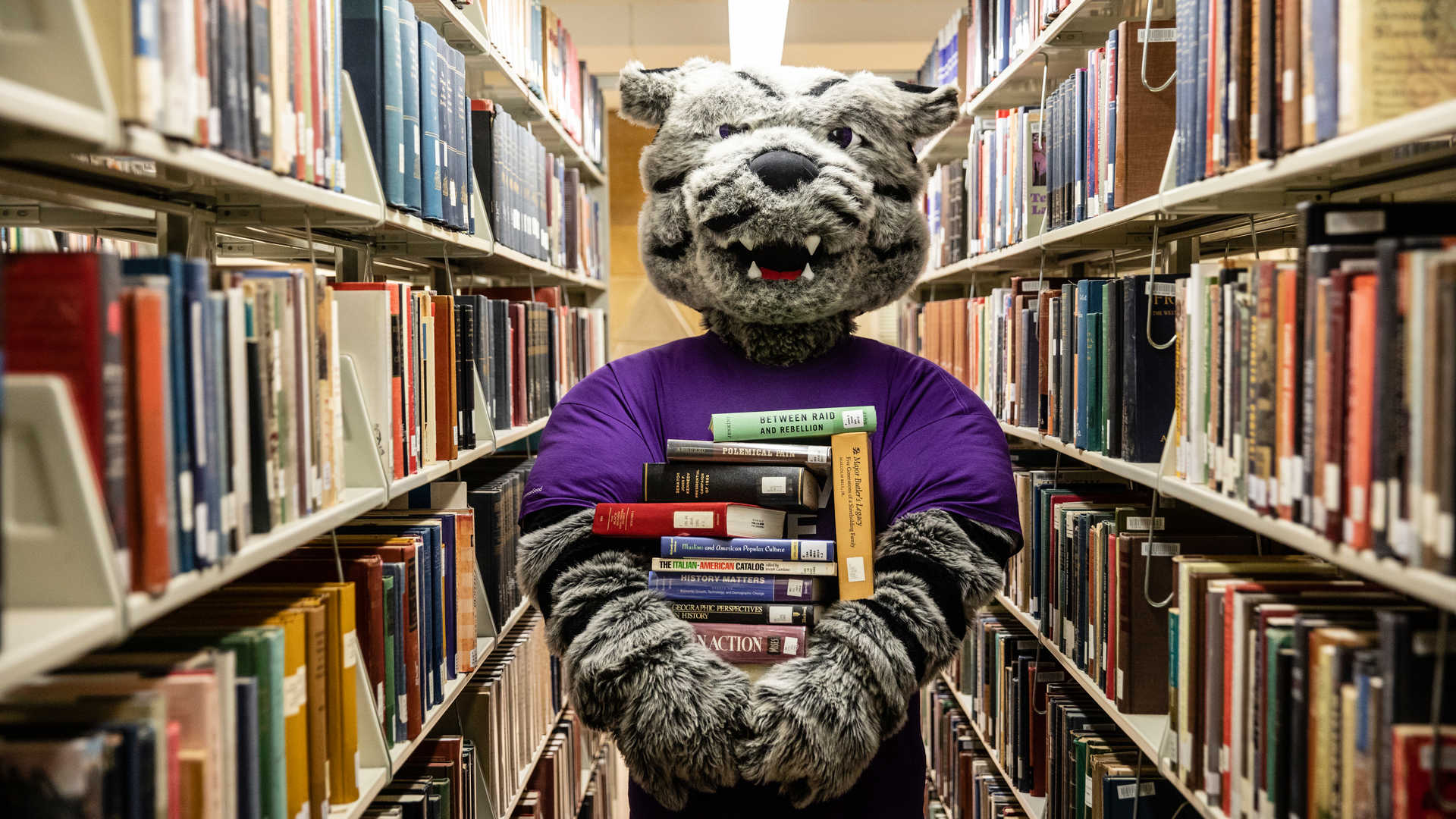 St. Thomas mascot in the library