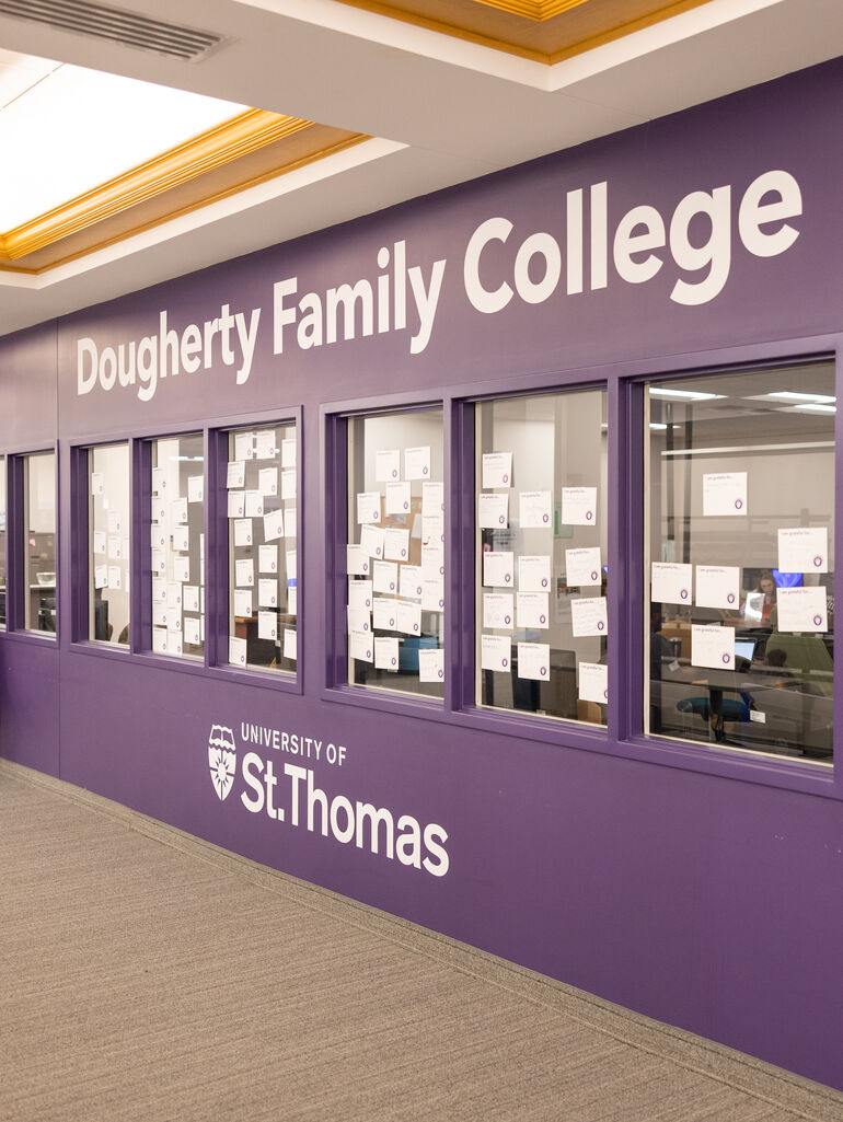 Hallway in DFC commons that says Dougherty Family College