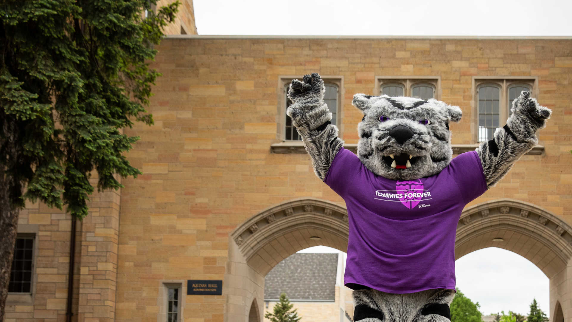 Tommie Mascot jumping in front of the Arches.